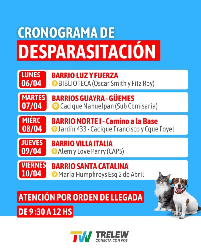 El Municipio de Trelew continúa con el cronograma de desparasitación y castración