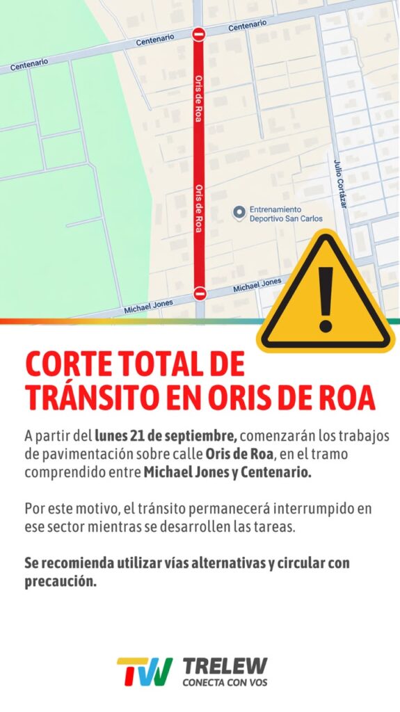 Trelew: por la obra de pavimentación se realizará corte de tránsito en la avenida Oris de Roa
